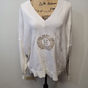 Tommy Hilfiger V Neck Pullover Sweater Embroidery Logo White Women's Size XXL